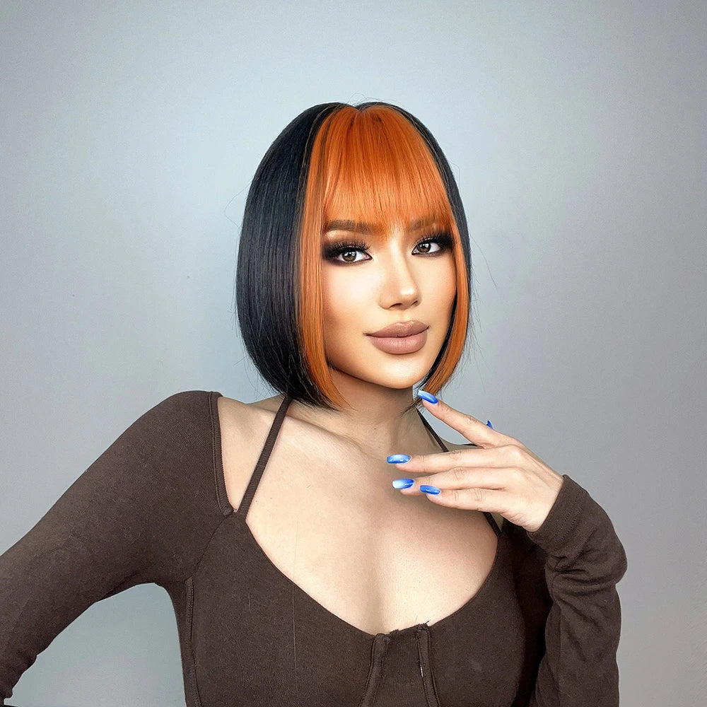 Short Straight Synthetic Wigs Black Mixed Ginger Orange Wigs for Women Natural Hair With Bangs Heat Resistant Daily Cosplay Wigs