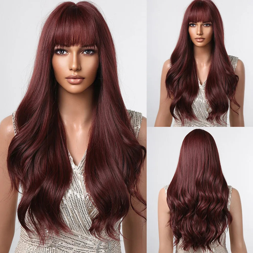 ALAN EATON Ombre Blonde Brown Wave Synthetic Wig Long Natural Looking Hair Wigs with Bangs for Women Daily Heat Resistant Fiber