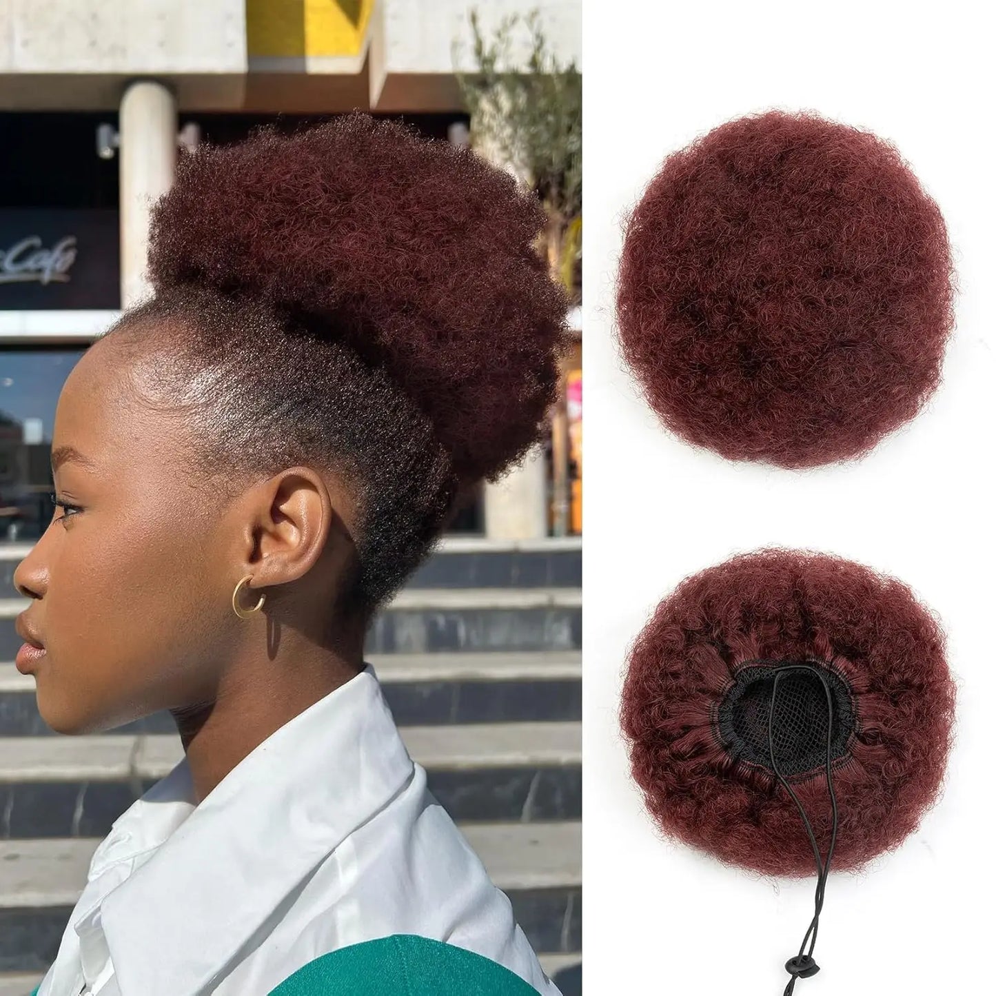 100% Human Hair Afro Puff Drawstring Ponytail Short Curly Afro Bun Hair Extension Natural Black 1B# Hairpiece with Two Clips