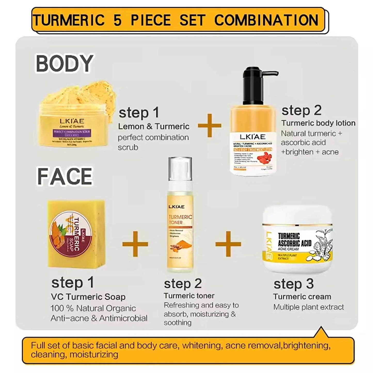 AILKE Organic Turmeric Skin Care Set, Brighten, Cleaning Skin, Reduce Acne,Pimples, Whitening, Even Skin Tone, Improve Dry Skin