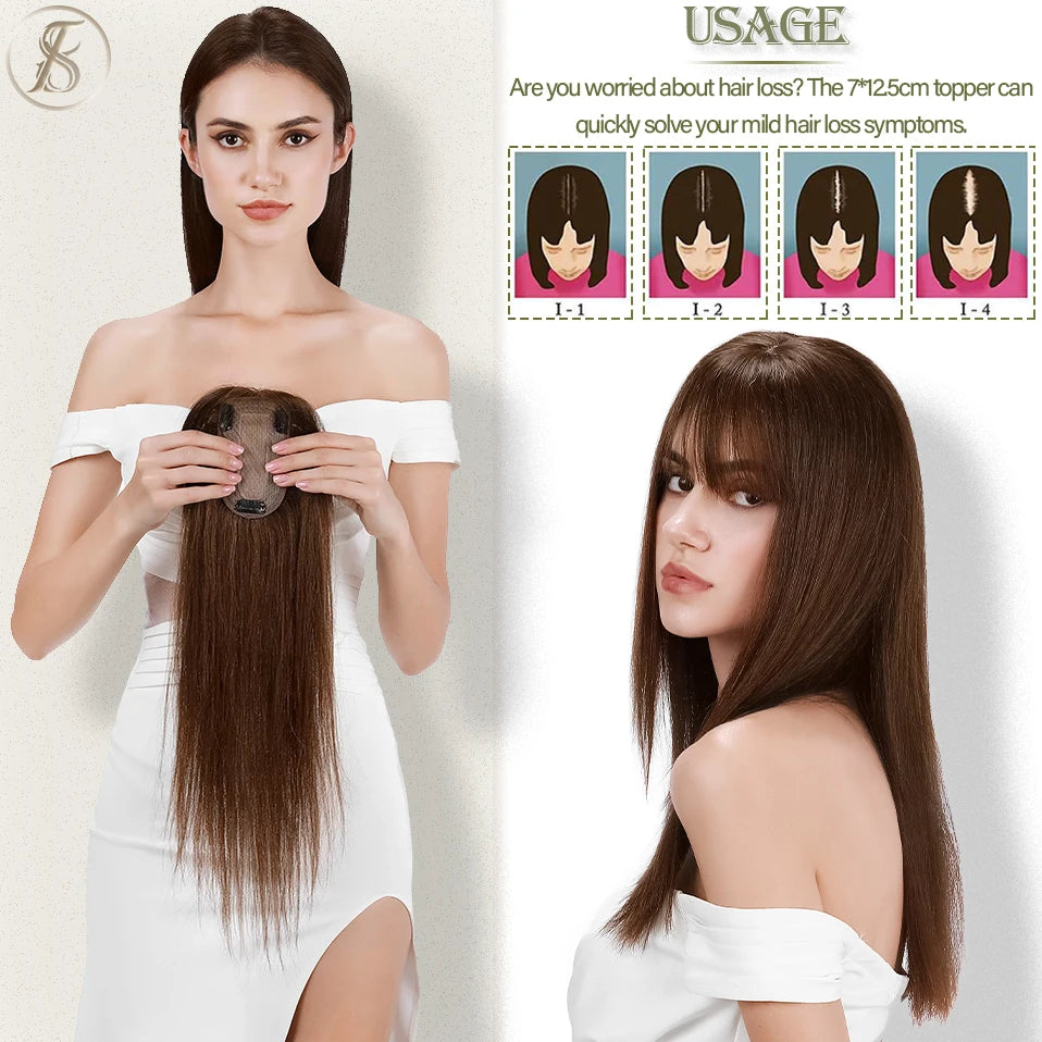 TESS Women Topper 7x12.5cm Hair Toppers With Bangs Natural Hair Wig Human Hair Silk Base Center Part Hair Clip In Hair Extension