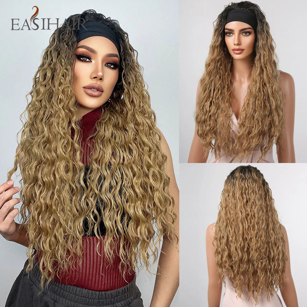 EASIHAIR Brown Black Kinky Curly Wave Synthetic Wigs with Bangs Deep Wave Long Hair Wigs for Women Daily Cosplay Heat Resistant
