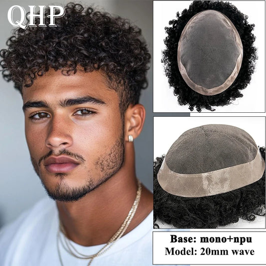 Curly Men's Wig Mono Npu Indian Human Hair Toupee For Men Durable Capillary Prosthesis Natural Black Wigs Man 6inch Hairpieces