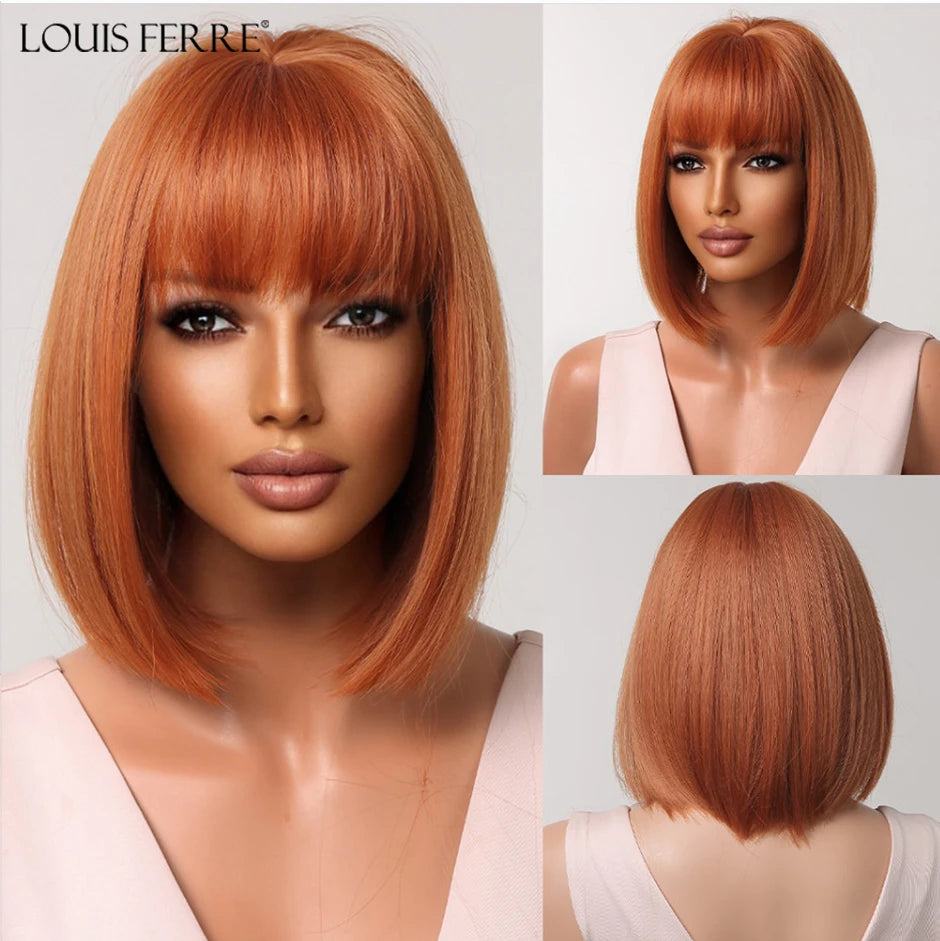 Short Straight Synthetic Wigs Black Mixed Ginger Orange Wigs for Women Natural Hair With Bangs Heat Resistant Daily Cosplay Wigs
