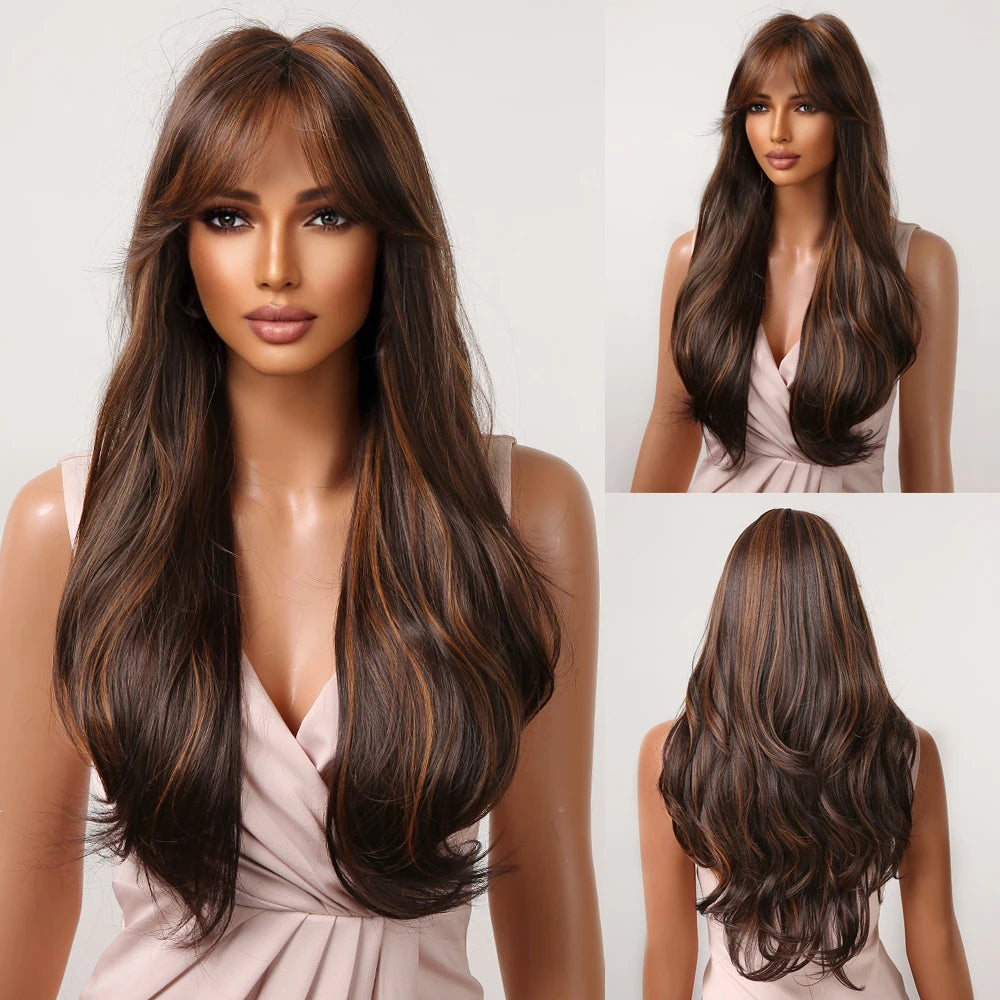 Long Wavy Gray Ash Brown Blonde Ombre Synthetic Wigs with Bangs Cosplay Natural Curly Hair Wig for Women Afro Heat Resistant