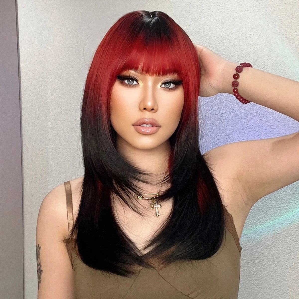 HENRY MARGU Ombre Red to Black Synthetic Wigs with Bangs Long Straight Layered Wig Colored Party Heat Resistant Hair for Women