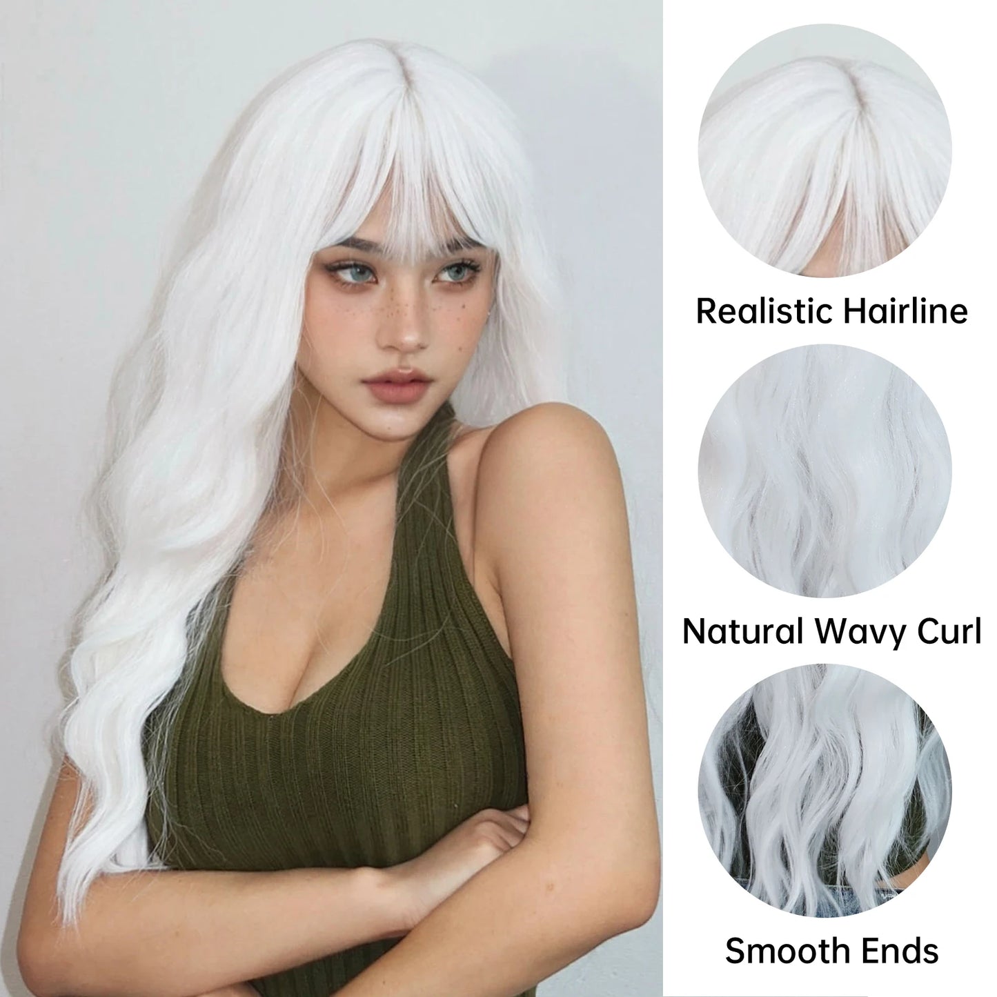 Long Curly White Platinum Synthetic Wigs with Bangs for Women Afro Cosplay Lolita Wavy Wig Natural Hair Heat Reisitant Daily Use