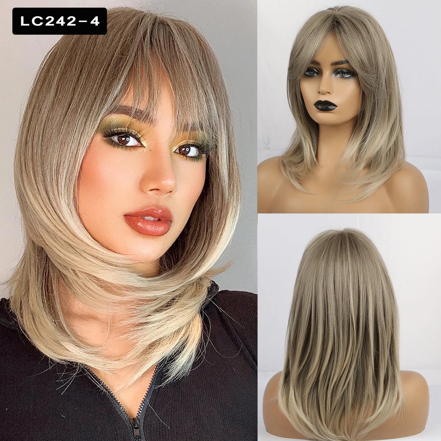 ELEMENT Synthetic Short Straight Wig Black Ombre Blonde Bob Wigs with Bangs for Women Cosplay Party Daily Hair Headband