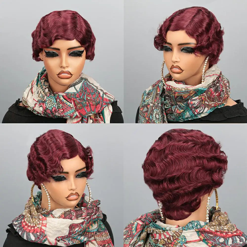 Short Pixie Cut Wigs For Black Women Finger Ocean Wave Human Hair Wigs With Bangs Short Layered Pixie Wigs Full Machine Made Wig