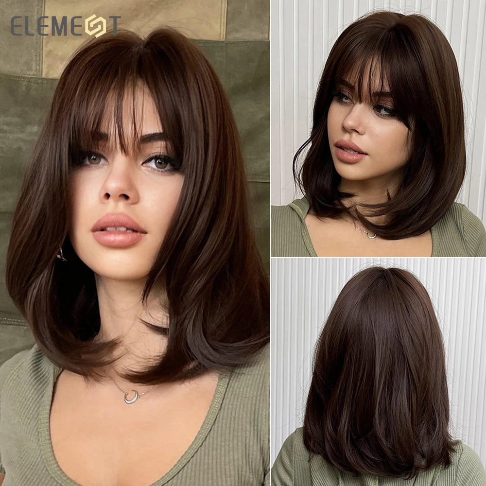 ELEMENT Synthetic Short Straight Wig Black Ombre Blonde Bob Wigs with Bangs for Women Cosplay Party Daily Hair Headband