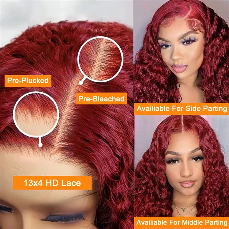 30 40 Inch 99J Burgundy 13x6 Hd Lace Frontal Human Hair Wig Red Colored 13x4 Transparent Lace Curly Deep Wave Frontal Wig