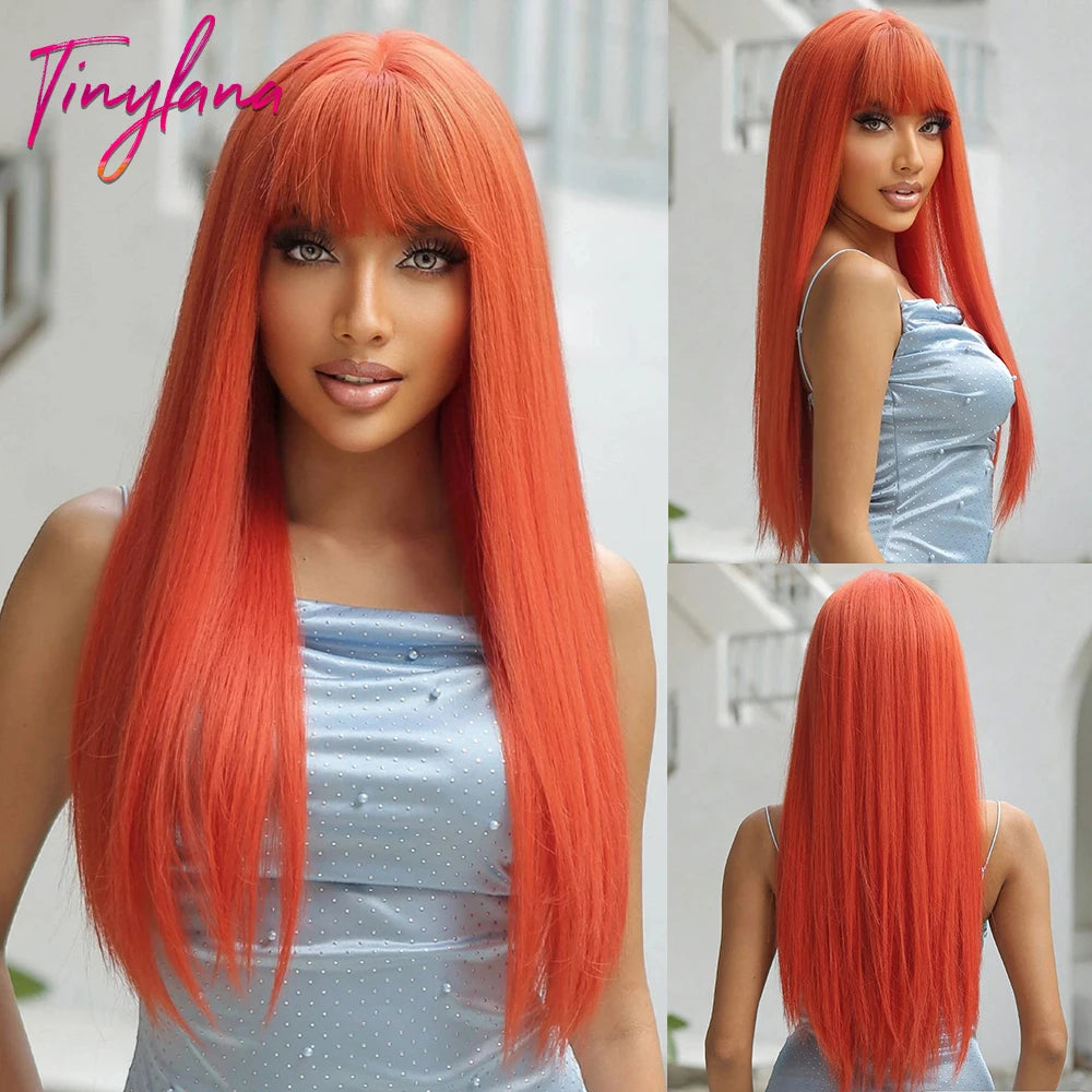 Ombre Gray Brown Synthetic Wigs Long Straight Ash Cosplay Wig with Bangs for Women Afro Natural Party Daily Heat Resistant Hair