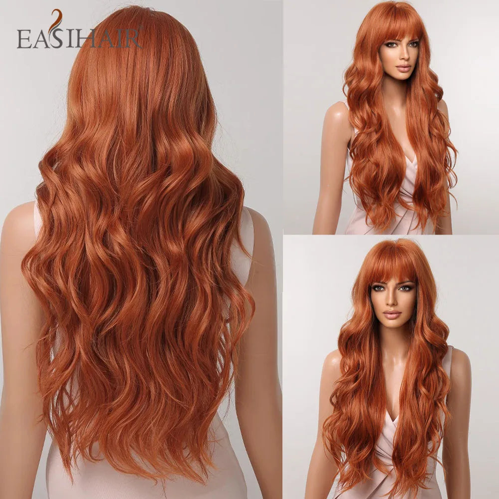 EASIHAIR Brown Black Kinky Curly Wave Synthetic Wigs with Bangs Deep Wave Long Hair Wigs for Women Daily Cosplay Heat Resistant