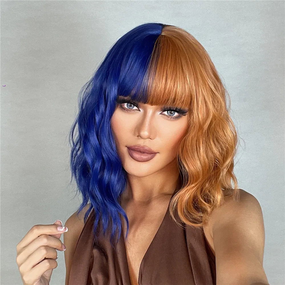 HENRY MARGU Short Half Black And Half White Wig Curly Wavy Shoulder Length Synthetic Hair Cosplay Wig with Bangs for Halloween