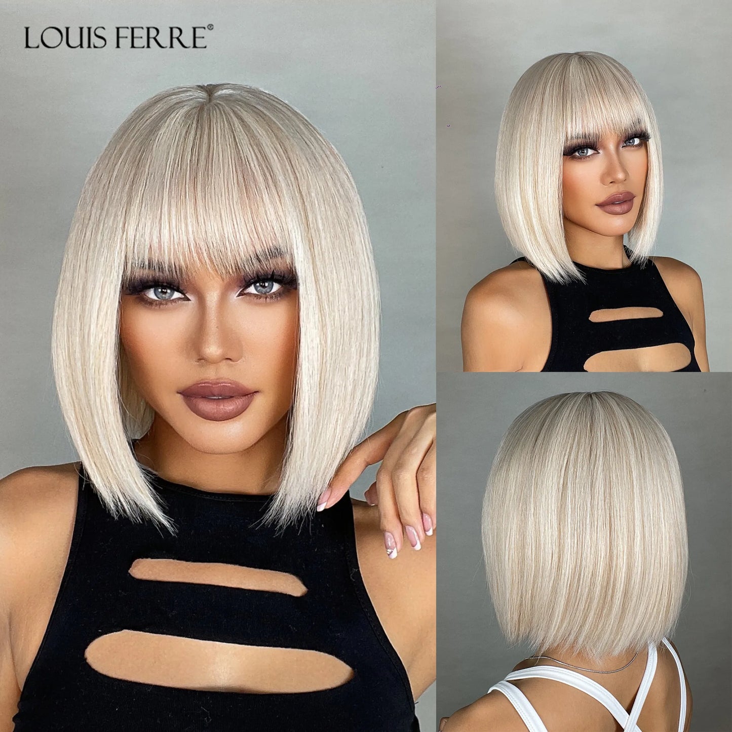 LOUIS FERRE Short Light Pink Bob Wigs With Bangs Natural Synthetic Wigs for Women Daily Cosplay Hair Heat Resistant Fibre Wig