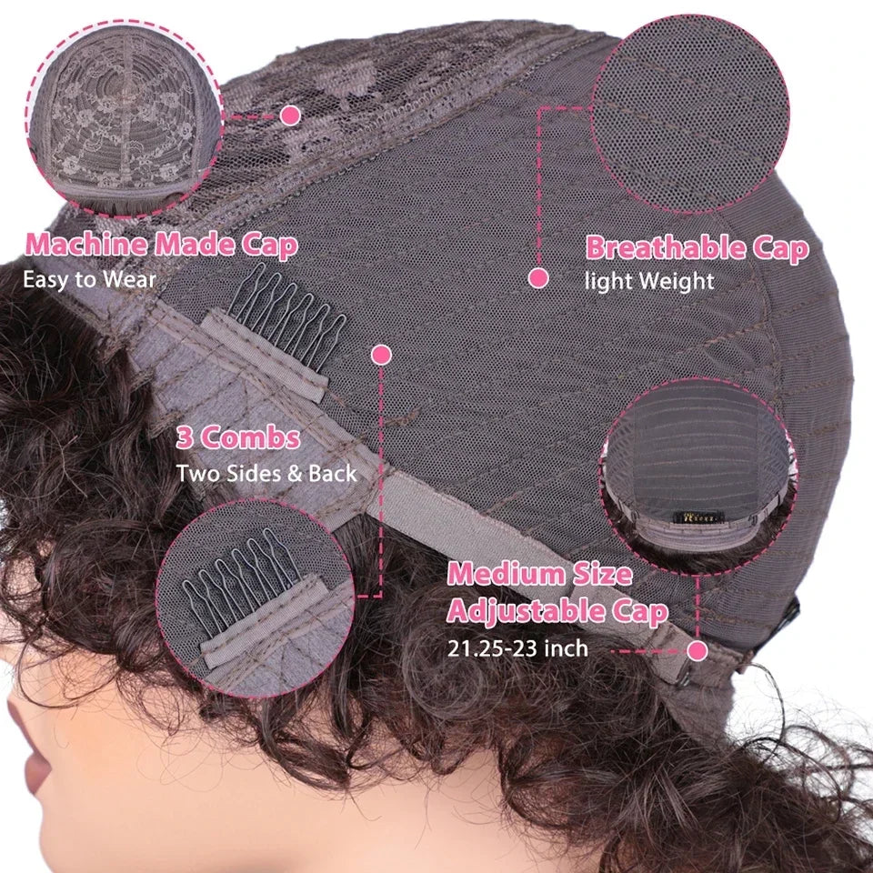 Brazilian Afro Puff Pixie Bob Wig 99J Natural Brown Full Machine Made Pre-Plucked Bangs 100% Human Hair For Black Women