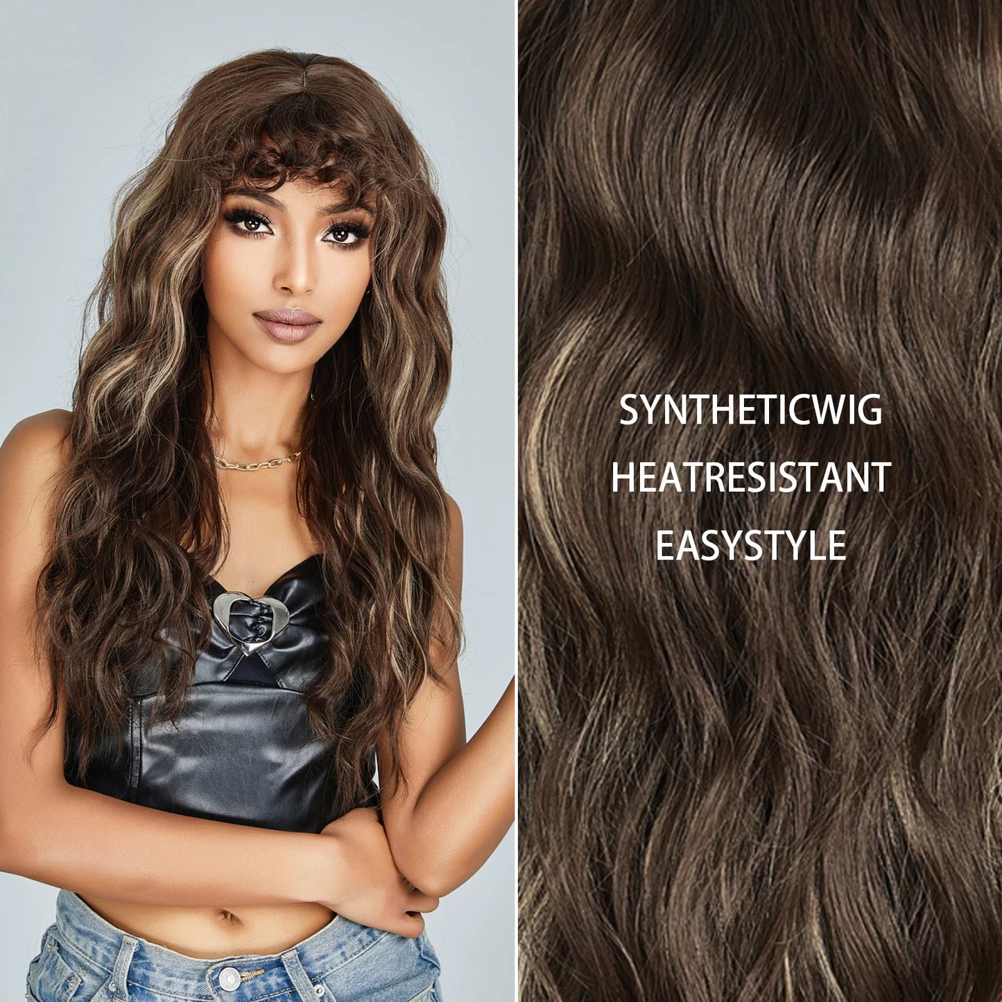EASIHAIR Brown Black Kinky Curly Wave Synthetic Wigs with Bangs Deep Wave Long Hair Wigs for Women Daily Cosplay Heat Resistant