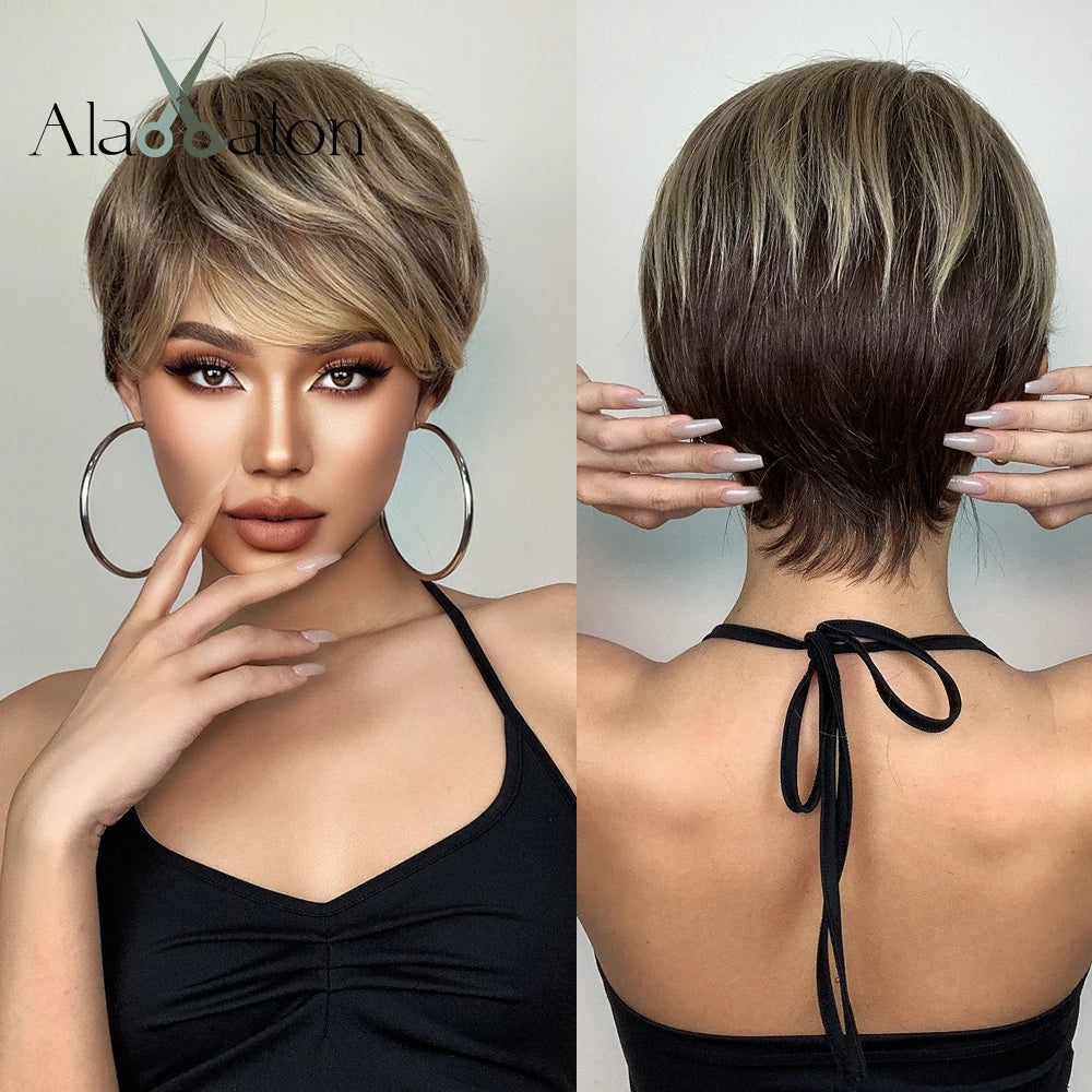ALAN EATON Short Straight Ombre Brown Blonde Bob Wig With Bangs Synthetic Hair Wig for Women Cosplay Lolita Heat Resistant Fiber
