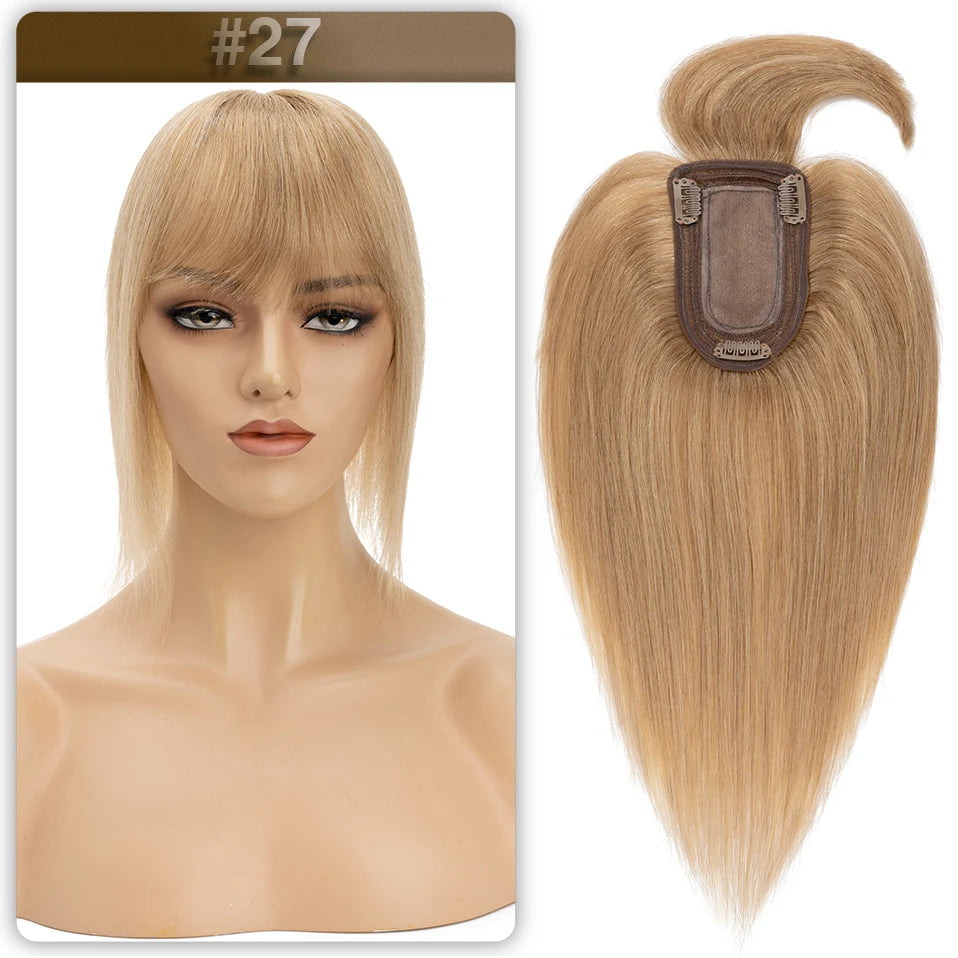 S-noilite Women Toppers Hair With Bangs Human Hair 7x13cm Silk Base Hair Cilp Wig Clip In Hair Extensions Hairpiece Natutal Hair