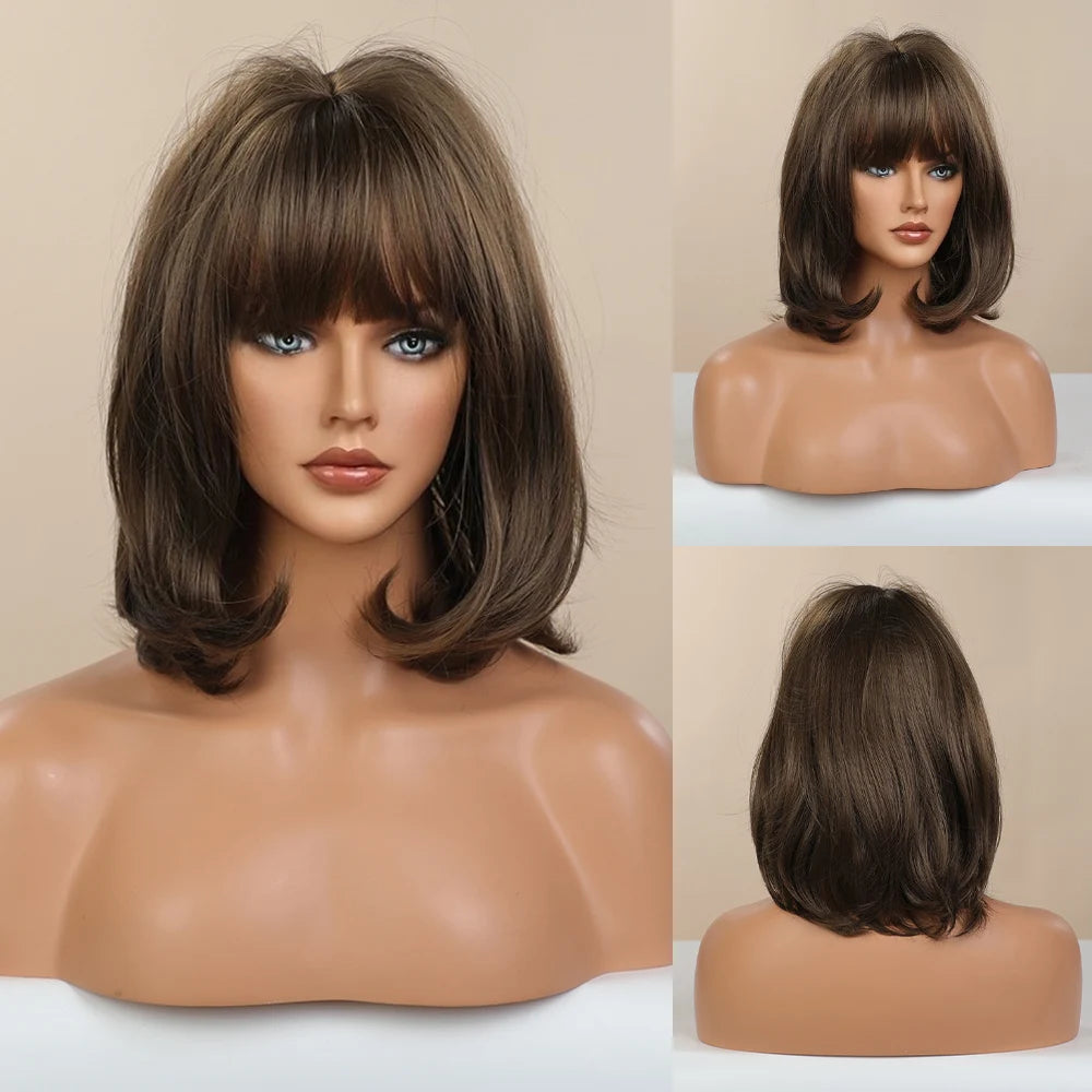 ELEMENT Synthetic Short Straight Wig Black Ombre Blonde Bob Wigs with Bangs for Women Cosplay Party Daily Hair Headband