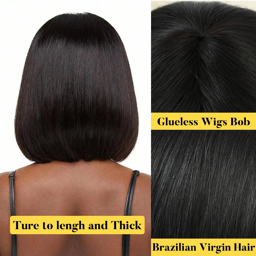 Pre Plucked Short Bob Human Hair Bone Straight Wig With Bangs 3x1 Lace Wig Glueless Brazilian Wig For Black Women Ready To Wear
