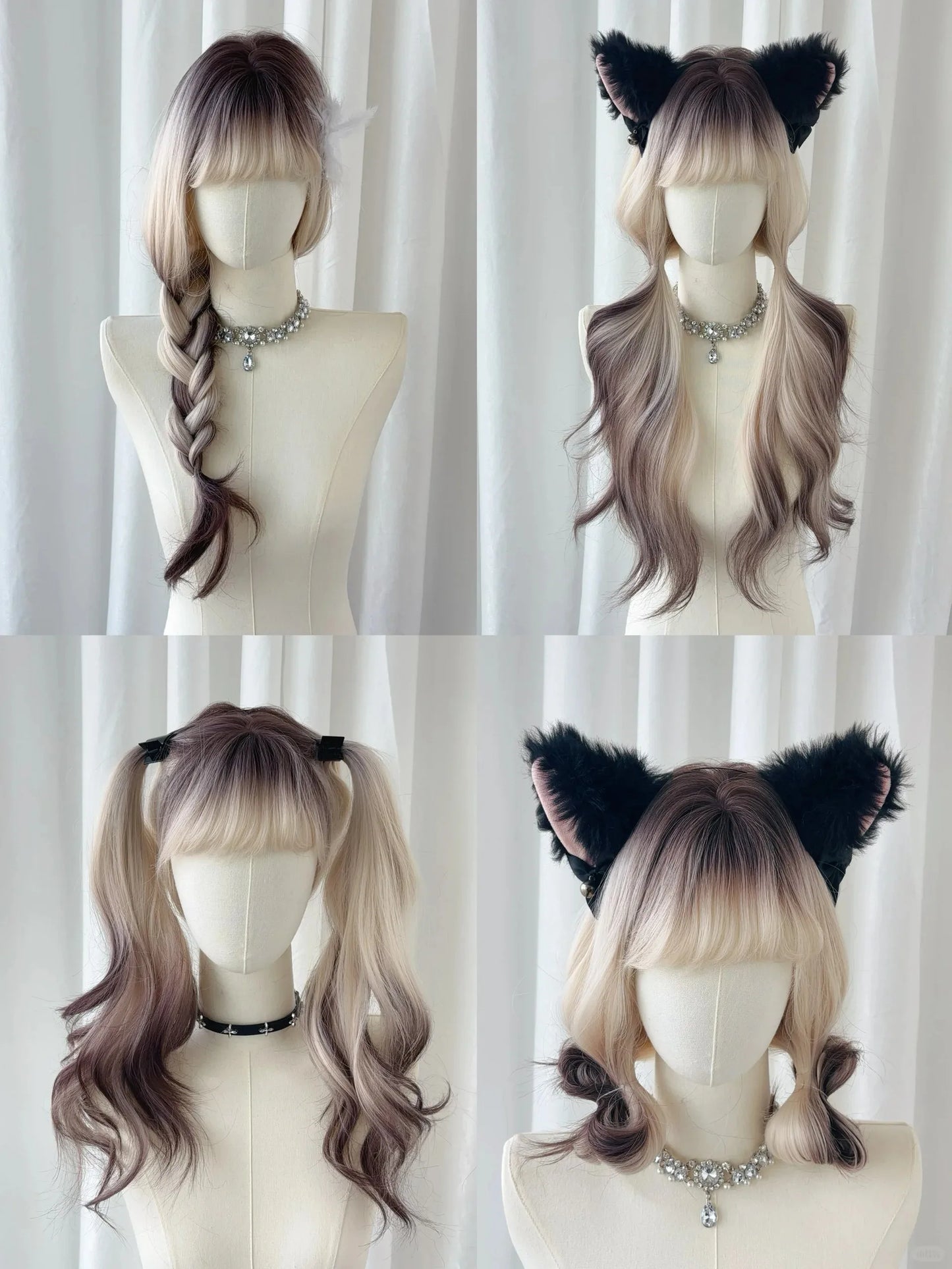 ALAN EATON Ombre Blonde Brown Wave Synthetic Wig Long Natural Looking Hair Wigs with Bangs for Women Daily Heat Resistant Fiber