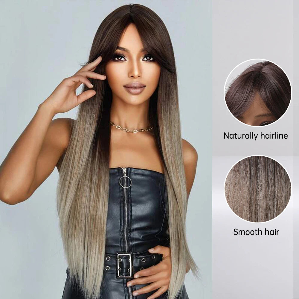 Ombre Gray Brown Synthetic Wigs Long Straight Ash Cosplay Wig with Bangs for Women Afro Natural Party Daily Heat Resistant Hair