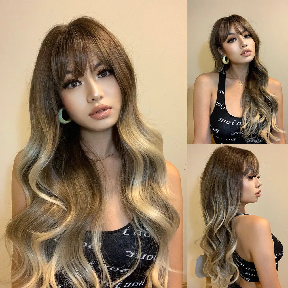 HENRY MARGU Long Wavy Brown Red Orange Wigs with Bangs Cosplay Party Heat Resistant Synthetic Hair Wigs for Black Women Afro