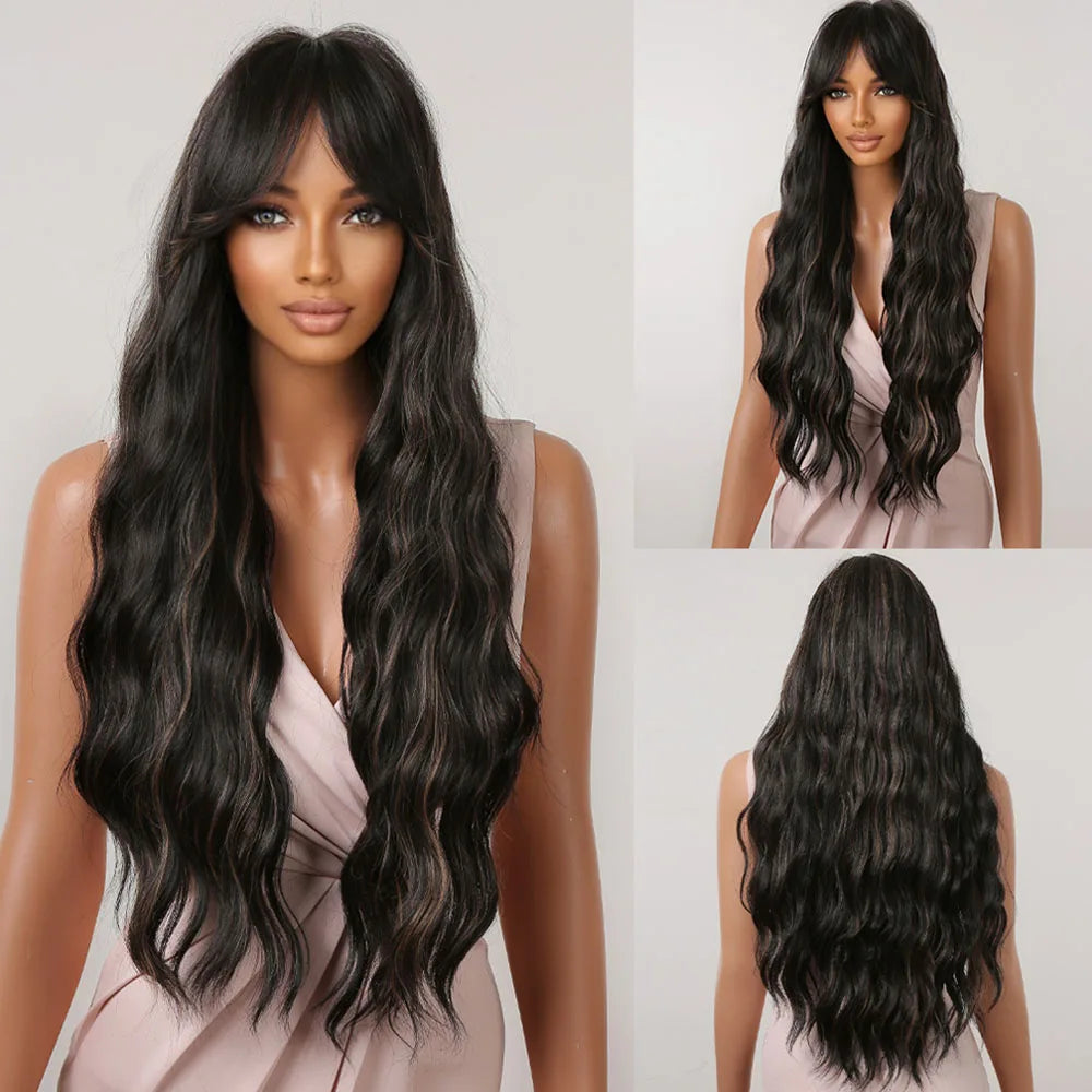 HENRY MARGU Long Wavy Brown Red Orange Wigs with Bangs Cosplay Party Heat Resistant Synthetic Hair Wigs for Black Women Afro