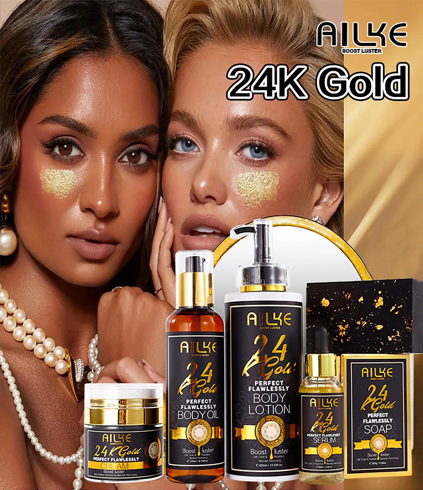AILKE 24K Gold Perfect Flawlessly Lightening Skin Care Kit, Moisturizing, Smooth Skin, Even Skin Tone, Reduce Wrinkles