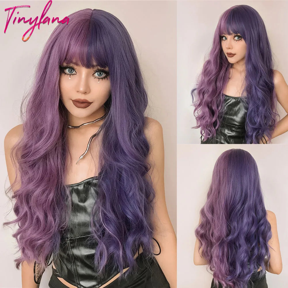 Gray Purple Pink Short Bob Synthetic Wigs with Bangs Curly Cosplay Ombre Wig for Women Afro Natural Wave Heat Resistant Hair