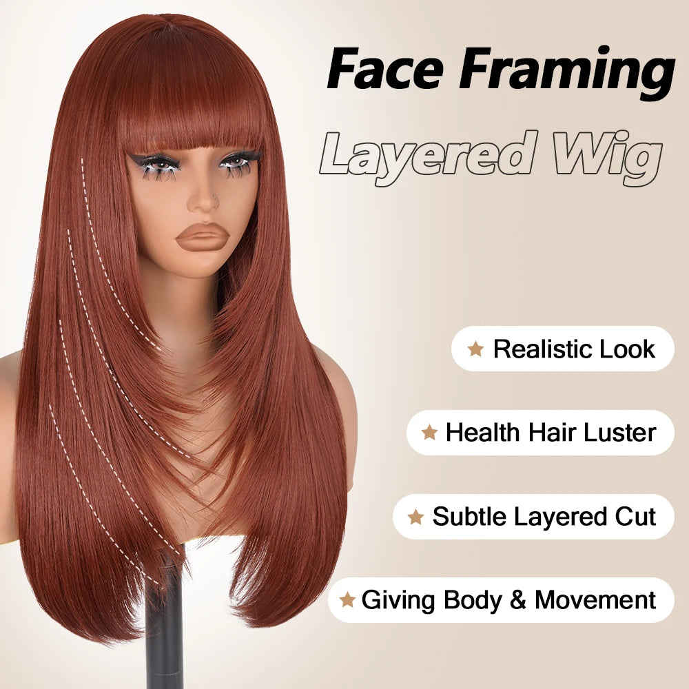 Reddish Brown Straight Layered Cut Lace Wigs with Bangs HD Lace Fake Scalp Synthetic Natural Layered Lace Front Wig Glueless Wig
