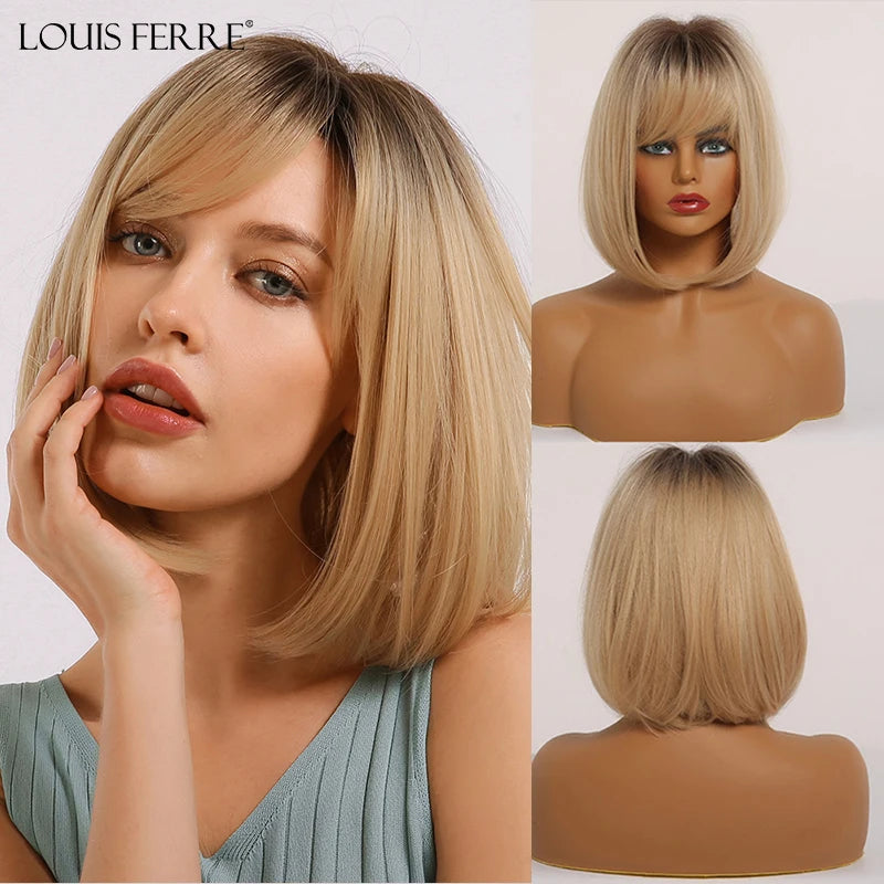 LOUIS FERRE Blonde Short Bob Wigs with Bangs Heat Resistant Synthetic Daily Cosplay Ombre Blonde Hair Wigs for White/Black Women