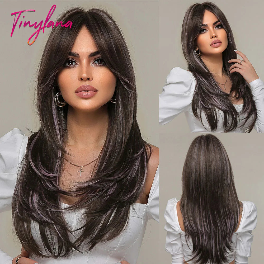 Long Straight Black Purple Synthetic Wig with Bangs Purple Ombre Cosplay Layered Wig for Women Party Heat Resistant Natural Hair