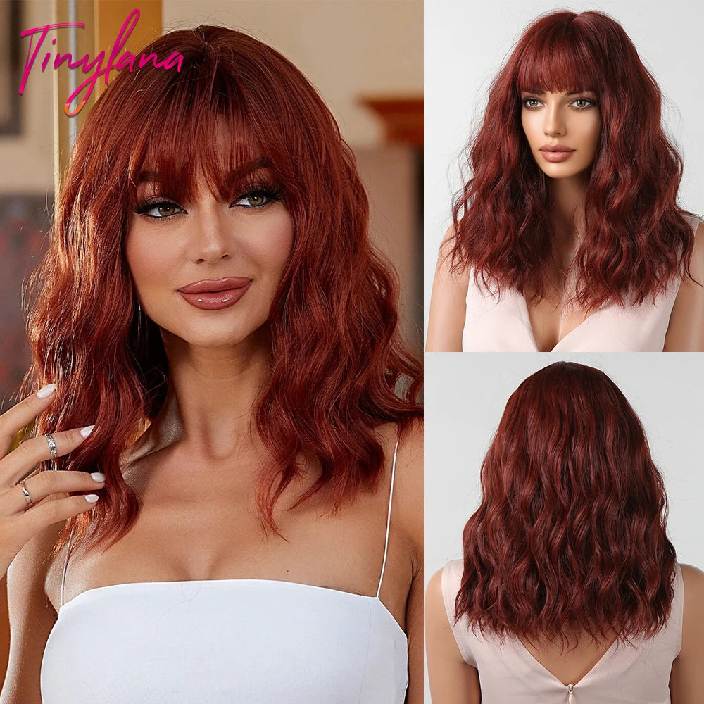 Gray Purple Pink Short Bob Synthetic Wigs with Bangs Curly Cosplay Ombre Wig for Women Afro Natural Wave Heat Resistant Hair