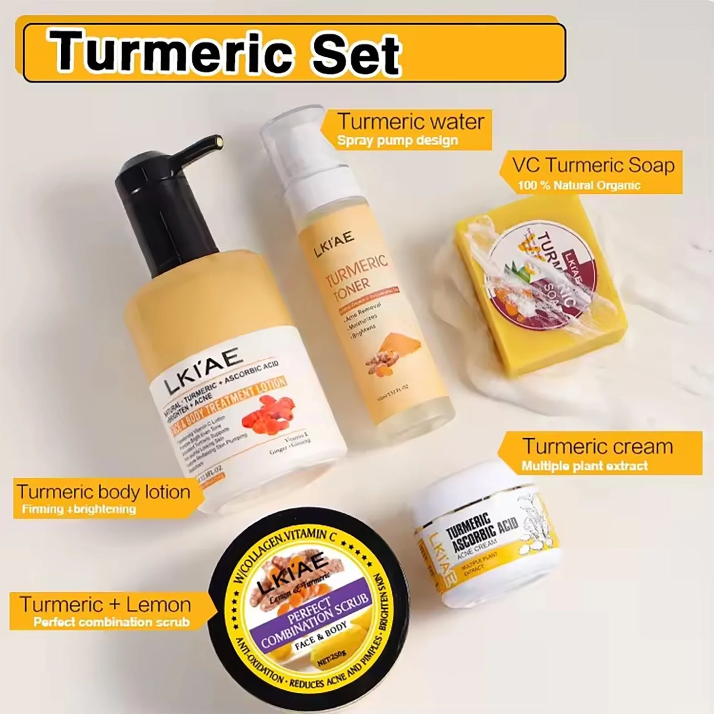 AILKE Organic Turmeric Skin Care Set, Brighten, Cleaning Skin, Reduce Acne,Pimples, Whitening, Even Skin Tone, Improve Dry Skin
