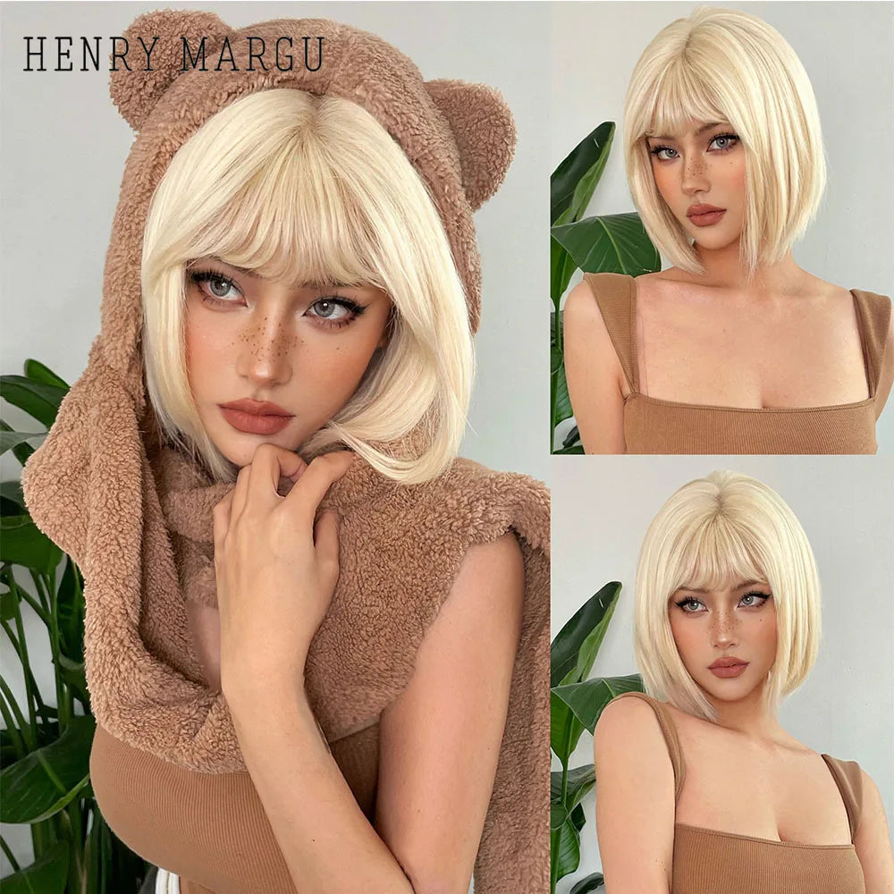 HENRY MARGU Ombre White Blonde Bob Synthetic Wig Short Straight with Bangs Natural Hair Wig for Women Cosplay Wig Heat Resistant