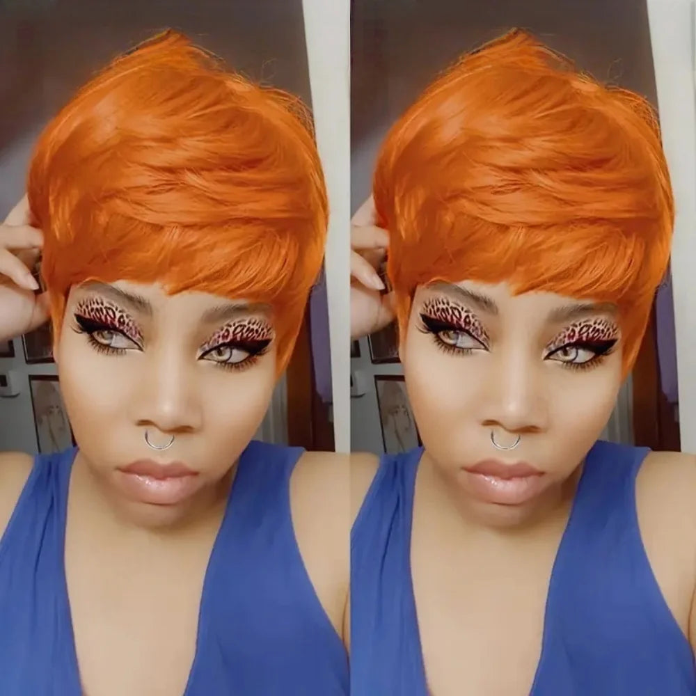350# Orange Multicolor Pixie Cut Wigs with Bangs Layered Straight Human Hair Wig for Women 350# Natural Mixed Colors Full Machin