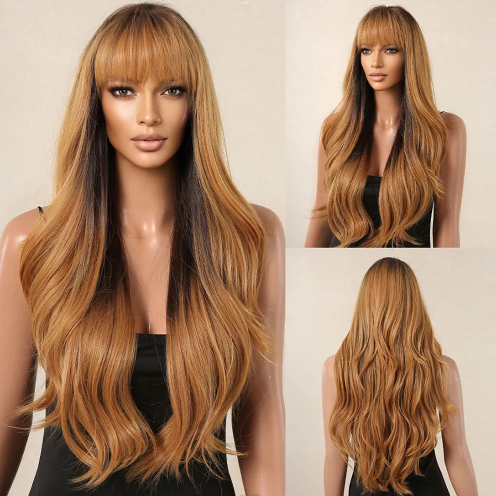 ALAN EATON Ombre Blonde Brown Wave Synthetic Wig Long Natural Looking Hair Wigs with Bangs for Women Daily Heat Resistant Fiber