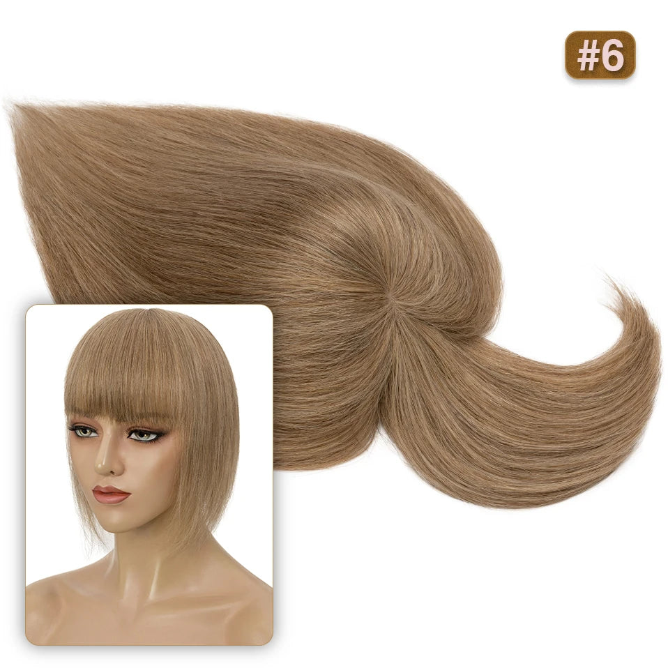 S-noilite 8.5x8.5cm Hair Topper Human Hair Cilp Center Crown Wig With Bangs Clip In Natural Hair Extension Hair Vortex Hairpiece