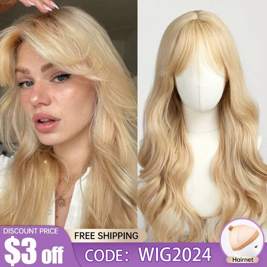 EASIHAIR Sandy Blonde Golden Wavy Synthetic Wigs with Long Bangs Cosplay Lolita Party Hair Wigs for Women Natural Heat Resistant