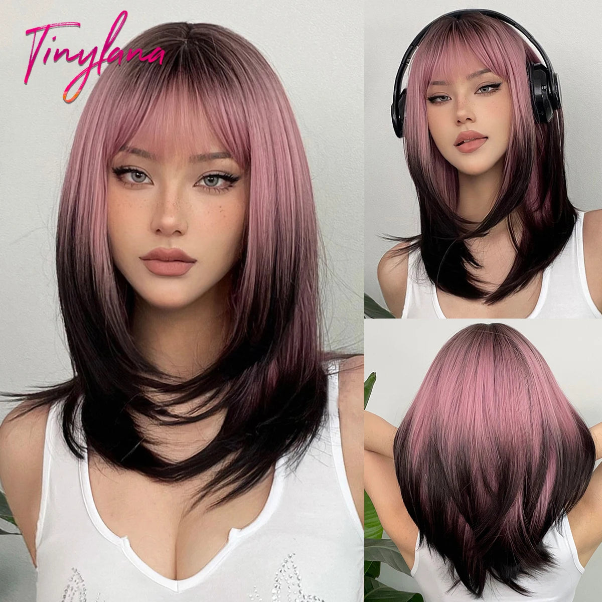 Long Brown Blonde Straight Synthetic Wig with Bangs Brown Ombre Cosplay Layered Wigs for Women Party Heat Resistant Natural Hair