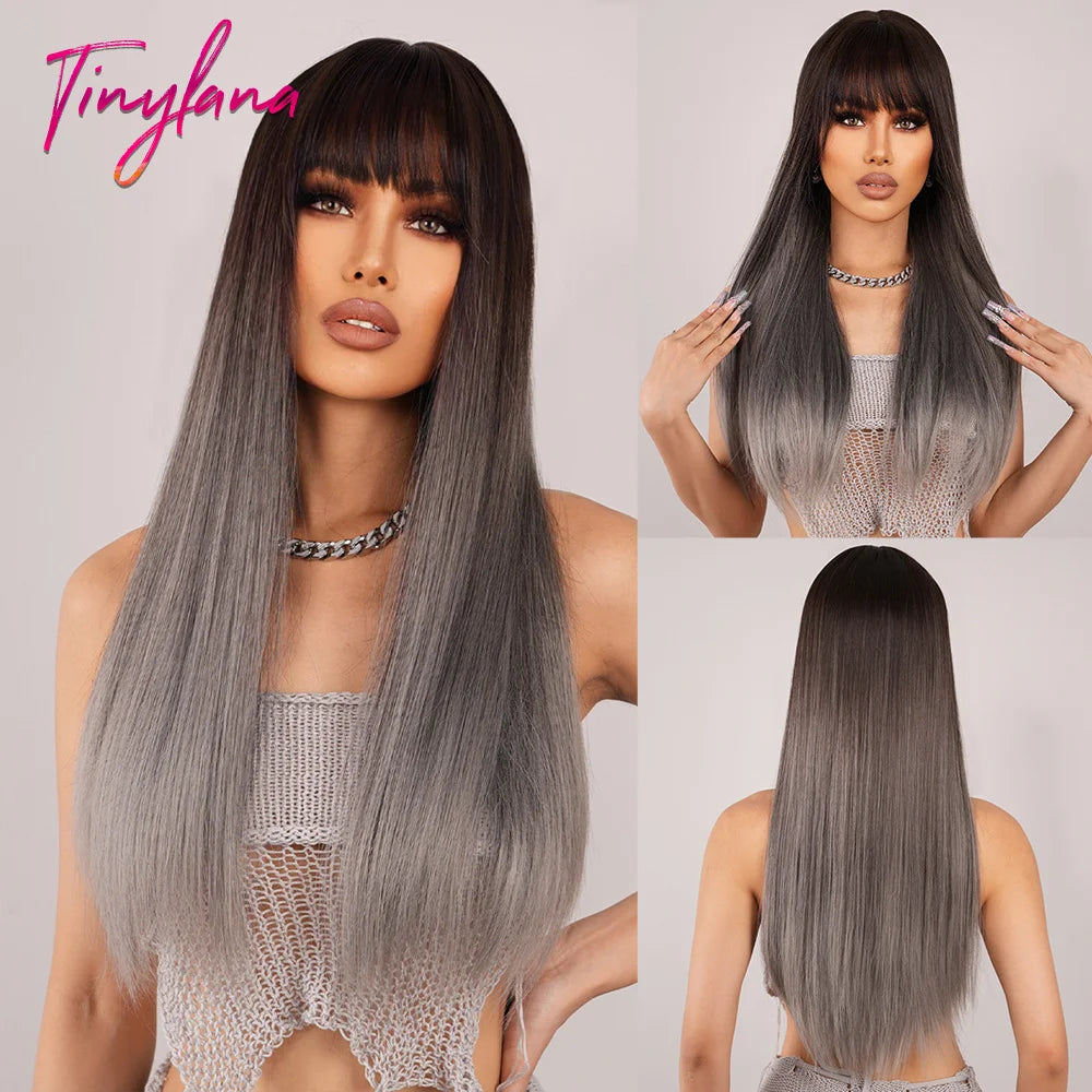 Long Straight Pink Mixed White Synthetic Wigs with Bangs Halloween Cosplay Colorful Wigs for Women Natural Hair Heat Resistant