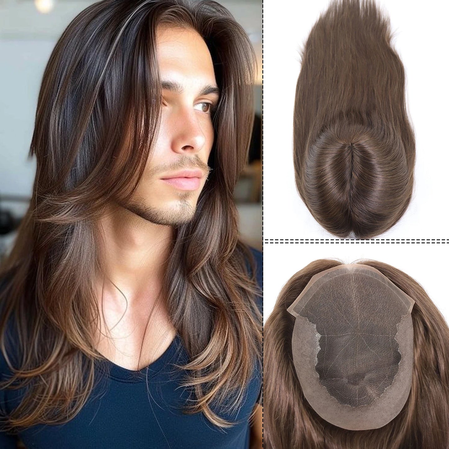 Black Human Hair Man Toupee Lace Pu Base Toupee For Men 16" Long Straight Human Hair Mens Wigs Replacement Systems Hair Piece