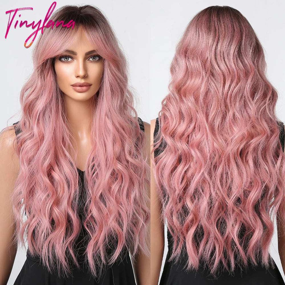 Orange Copper Red Yellow Synthetic Wigs Long Wavy Ginger Wig with Bangs for Women Natural Cosplay Body Wave Heat Resistant Hair