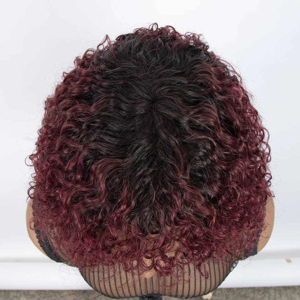 Jerry Curly Short Bob Human Hair Wigs With Bangs Wear To Go Glueless Wig Ombre 99J Water Wave Blonde Colored Wig For Women