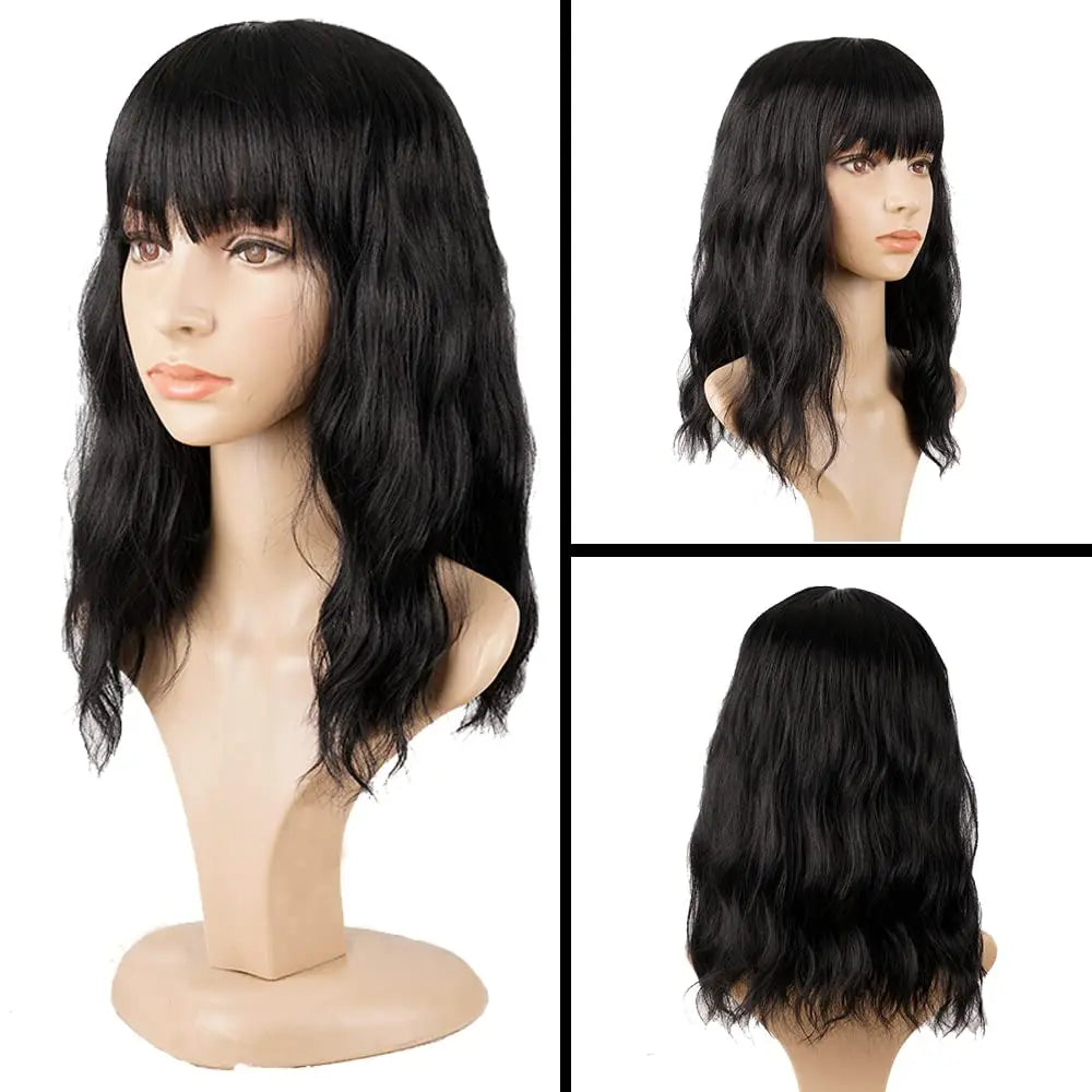 Natural Brown Synthetic Curly Wavy Bob Wig with Bangs for Women