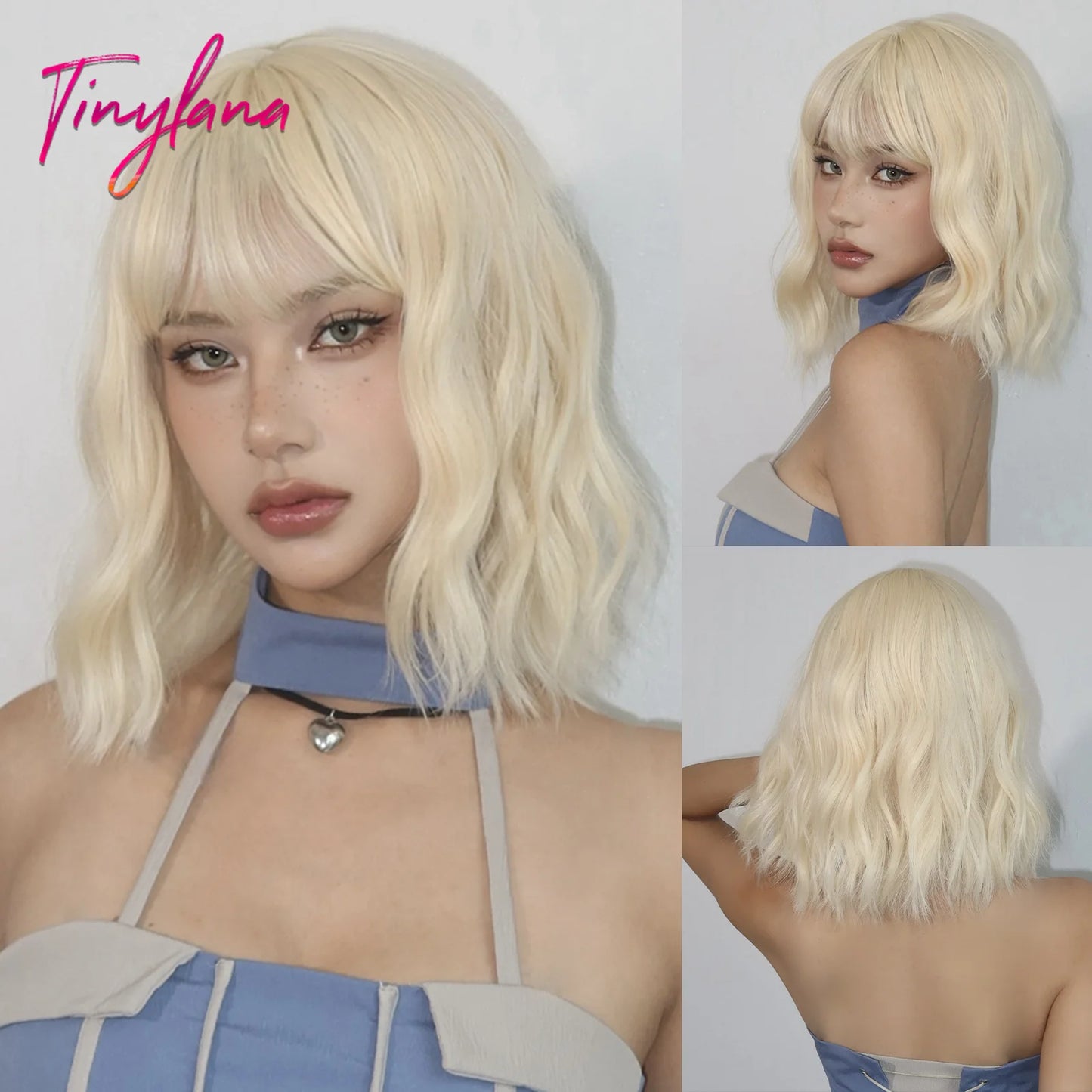 Bob Blue Curly Wavy Wigs with Bangs Short Colorful Cosplay Wigs for Women Afro Halloween DaiIy Natural Heat Resistant Fake Hair