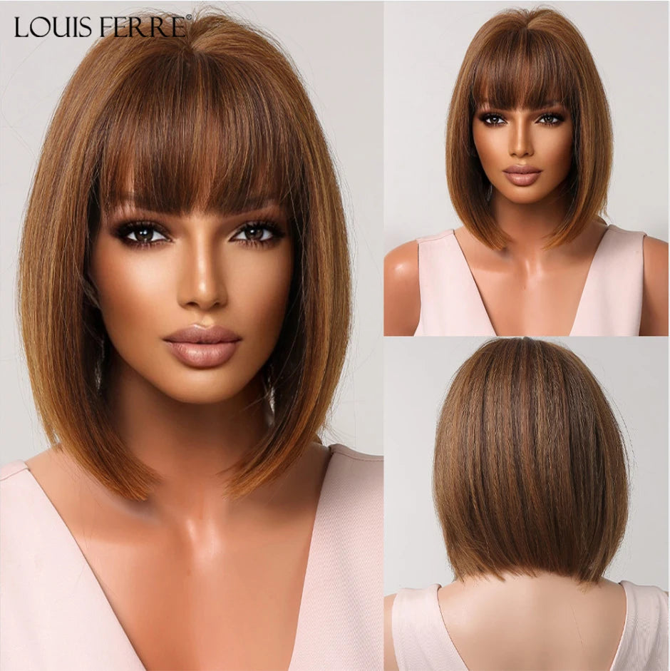 LOUIS FERRE Straight Pink Synthetic Wig for Women Short Bob Wig With Bangs Natural Hair Lolita Cosplay Heat Resistant Fashion