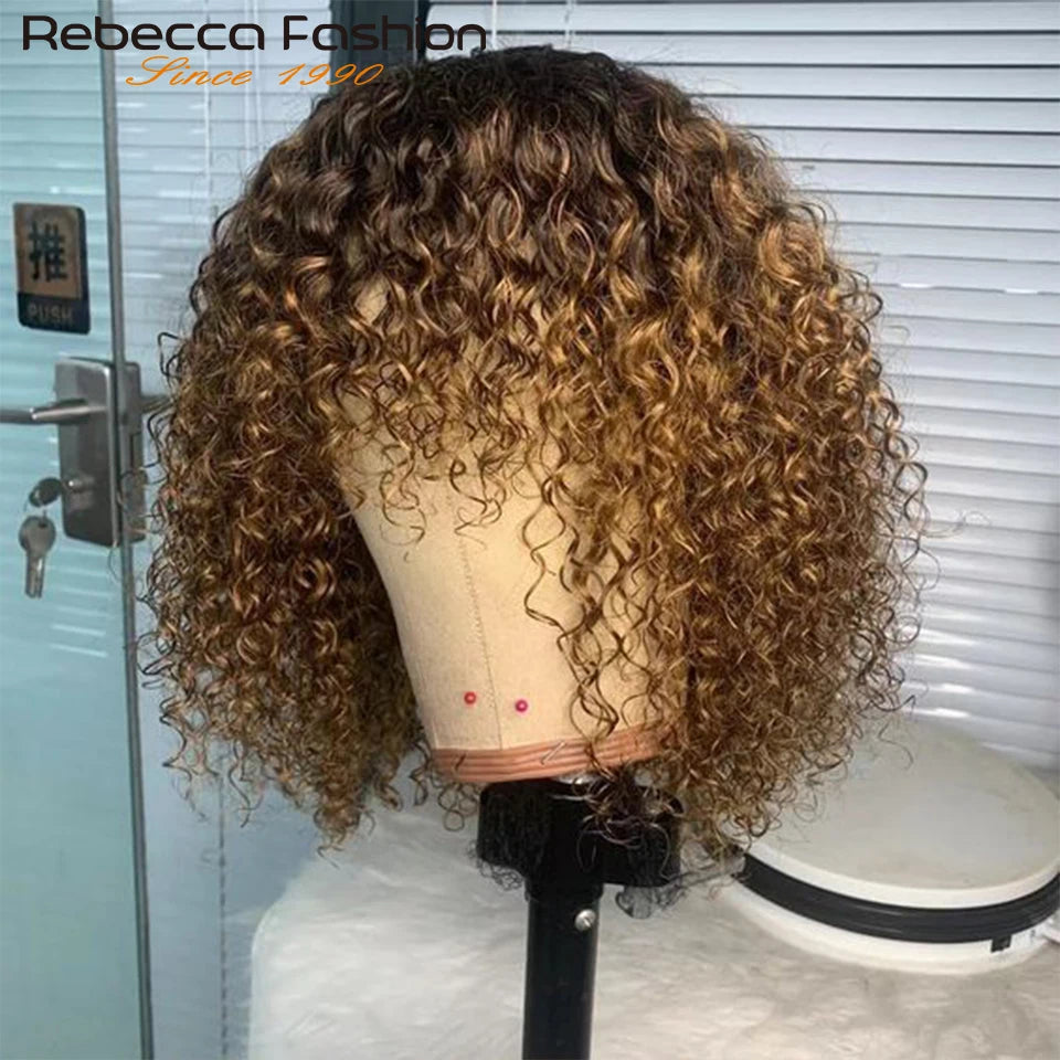 Jerry Curly Short Bob Human Hair Wigs With Bangs Wear To Go Glueless Wig Ombre 99J Water Wave Blonde Colored Wig For Women